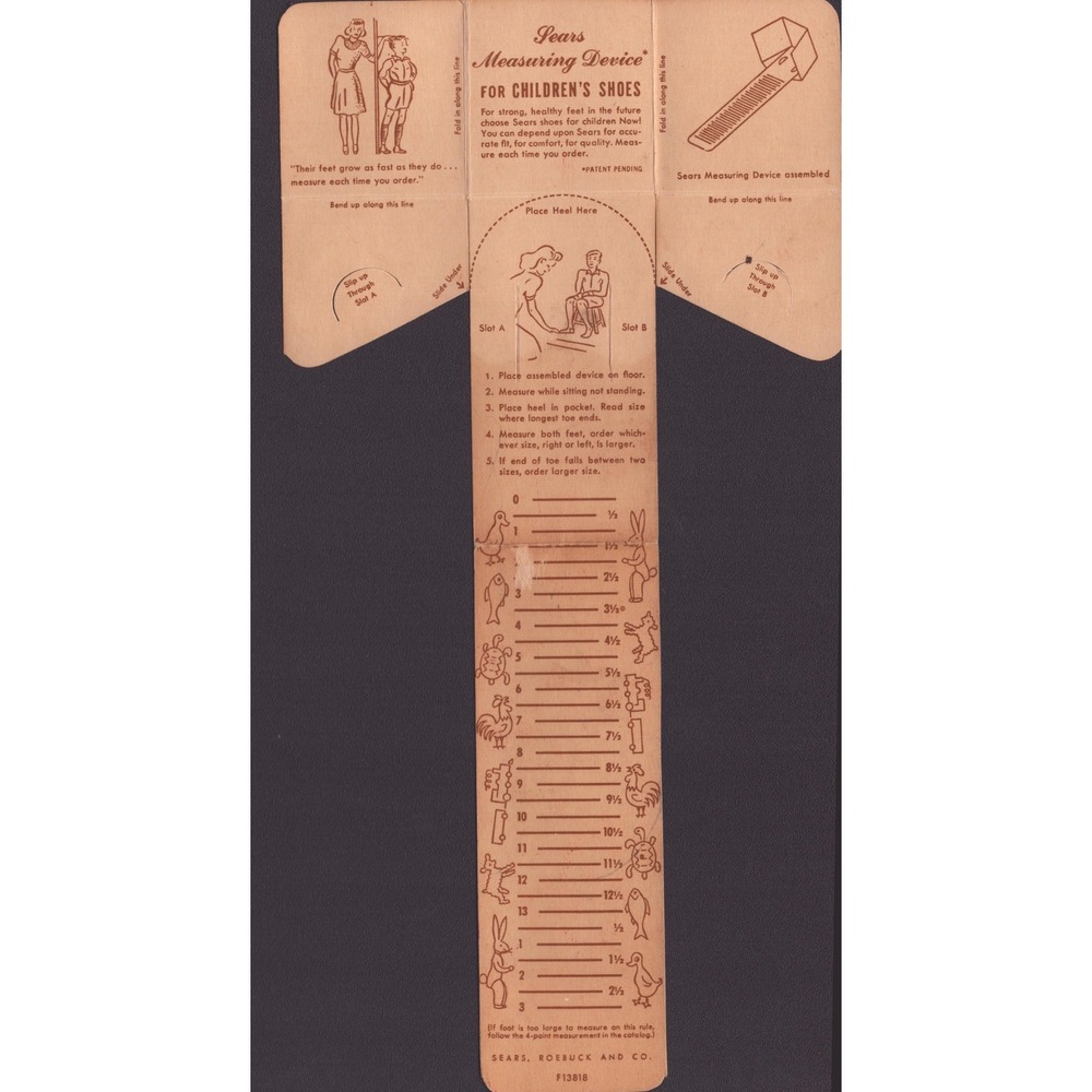 Vintage Sears Roebuck Co Childrens Shoe Measuring Device Paper Ephemera F13818
